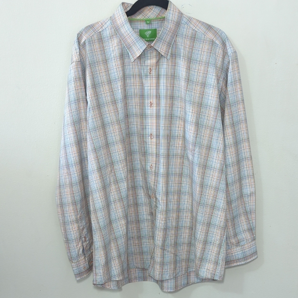 Forsyth of Canada Non-Iron Button-Down Shirt White Orange Green Plaid Men's XL